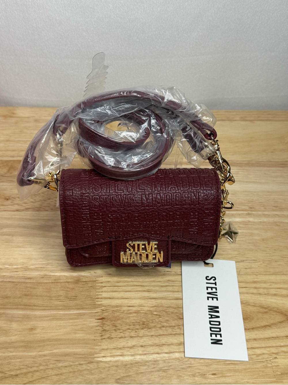 Steve Madden Mini Crossbody in Deep Wine with Gold Hardware